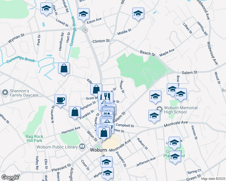 map of restaurants, bars, coffee shops, grocery stores, and more near 17 James Street in Woburn