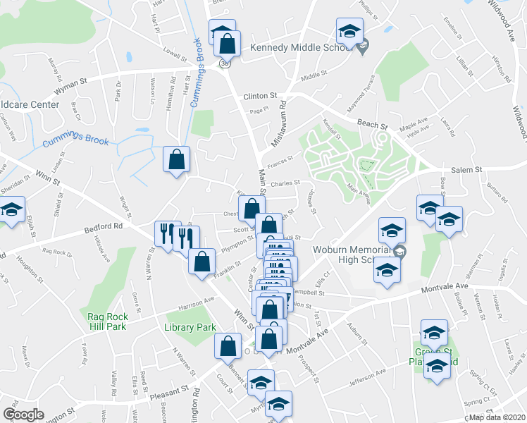 map of restaurants, bars, coffee shops, grocery stores, and more near 1 Kilby Street in Woburn