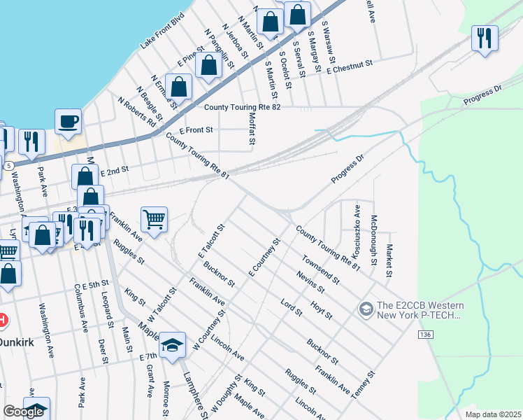map of restaurants, bars, coffee shops, grocery stores, and more near 423 South Roberts Road in Dunkirk