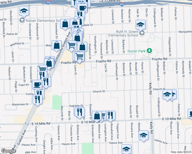 map of restaurants, bars, coffee shops, grocery stores, and more near 25743 Salem Street in Roseville