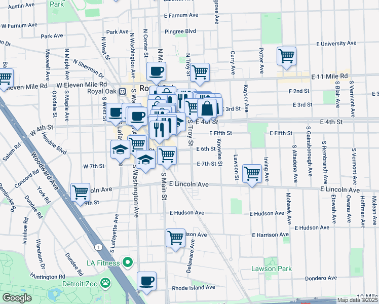 map of restaurants, bars, coffee shops, grocery stores, and more near 215 East 6th Street in Royal Oak