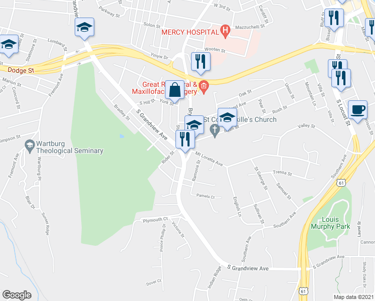 map of restaurants, bars, coffee shops, grocery stores, and more near 295 Bryant Street in Dubuque