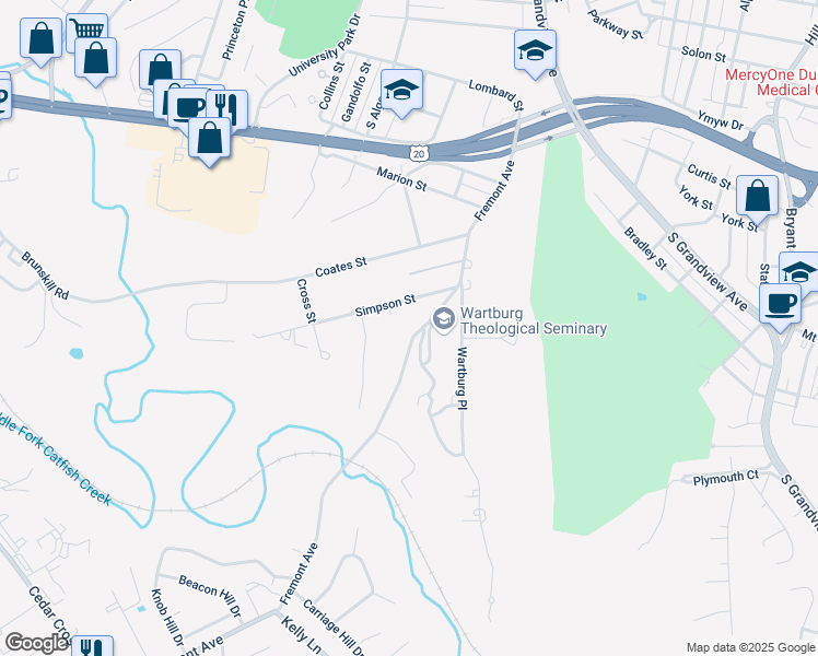 map of restaurants, bars, coffee shops, grocery stores, and more near 2084 Simpson Street in Dubuque