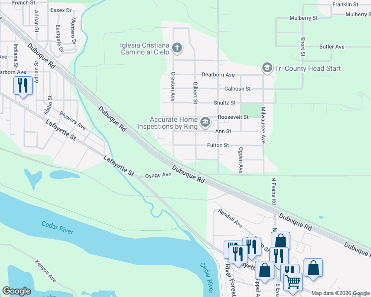 map of restaurants, bars, coffee shops, grocery stores, and more near 1003-1013 Fulton Street in Waterloo