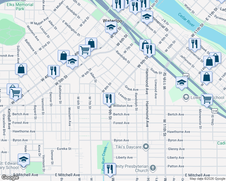map of restaurants, bars, coffee shops, grocery stores, and more near 1008 Leavitt Street in Waterloo