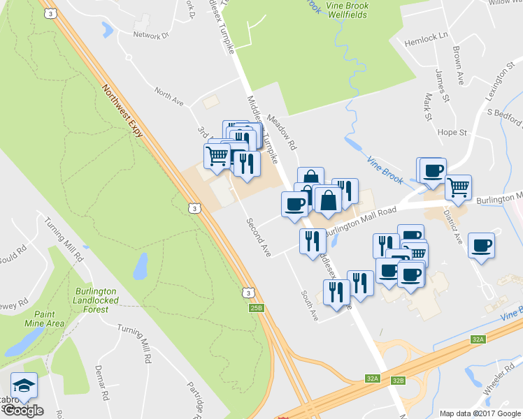 map of restaurants, bars, coffee shops, grocery stores, and more near 32 Second Avenue in Burlington