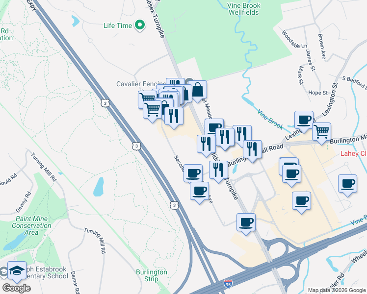 map of restaurants, bars, coffee shops, grocery stores, and more near 32 Second Avenue in Burlington