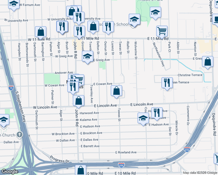 map of restaurants, bars, coffee shops, grocery stores, and more near 26305 Lorenz Street in Madison Heights