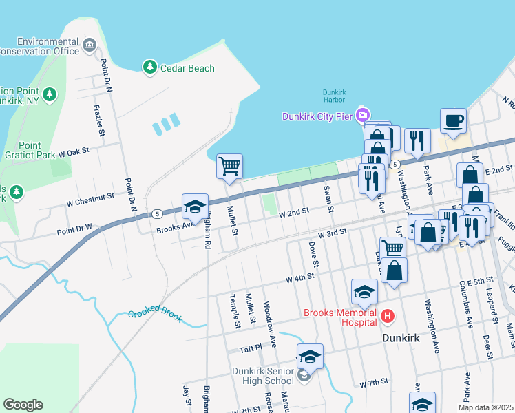 map of restaurants, bars, coffee shops, grocery stores, and more near 121 Robin Street in Dunkirk