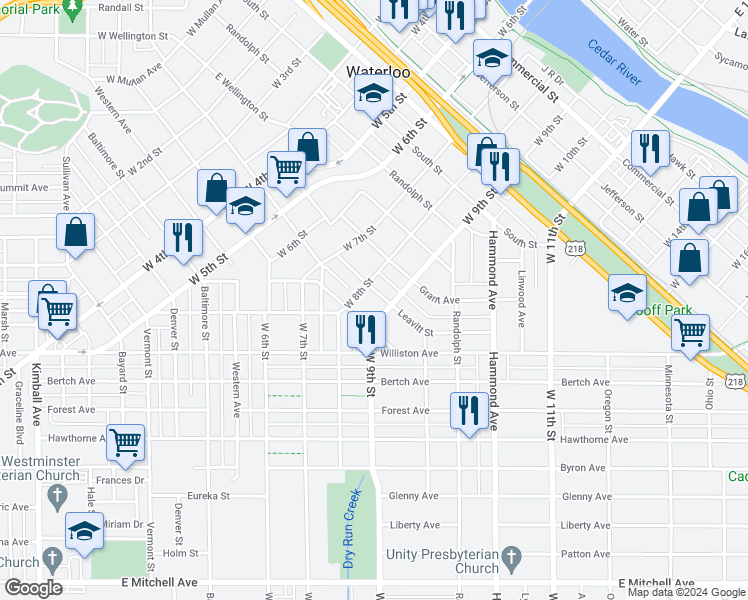 map of restaurants, bars, coffee shops, grocery stores, and more near 611 Johnson Street in Waterloo