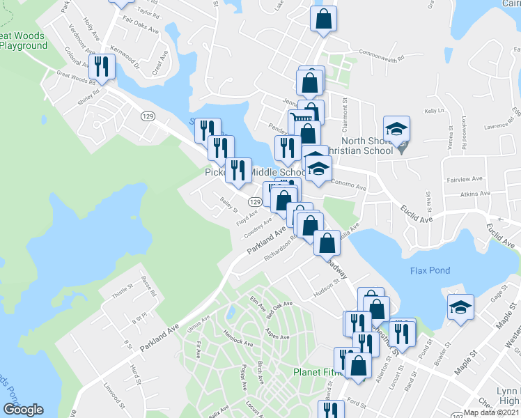 map of restaurants, bars, coffee shops, grocery stores, and more near 35 Lynnfield Street in Lynn