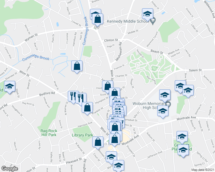 map of restaurants, bars, coffee shops, grocery stores, and more near 1 Kilby Street in Woburn
