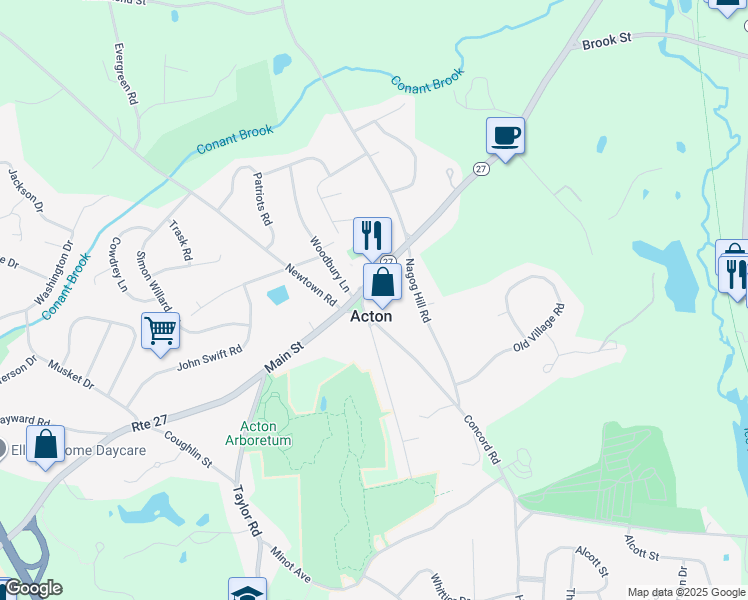 map of restaurants, bars, coffee shops, grocery stores, and more near 492A Main Street in Acton