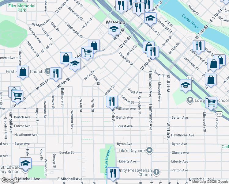map of restaurants, bars, coffee shops, grocery stores, and more near 1008 Leavitt Street in Waterloo