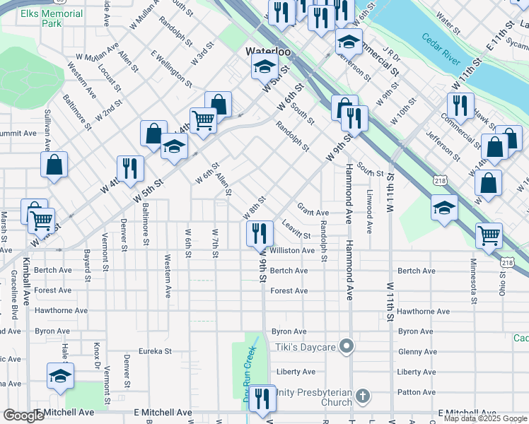 map of restaurants, bars, coffee shops, grocery stores, and more near 1008 Leavitt Street in Waterloo