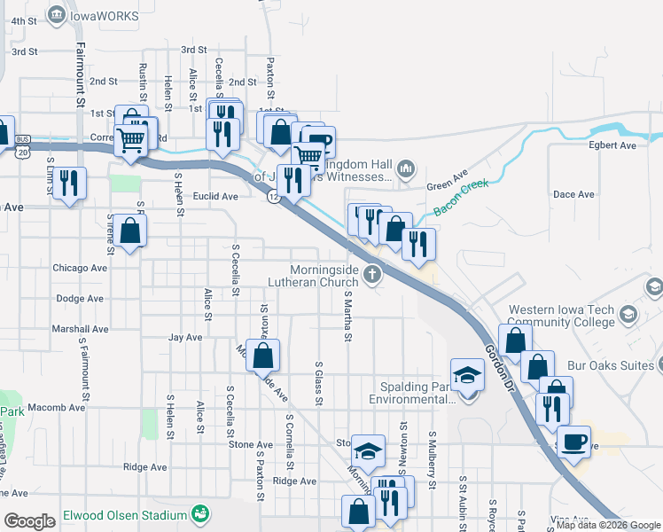 map of restaurants, bars, coffee shops, grocery stores, and more near 501-599 Glass Street South in Sioux City