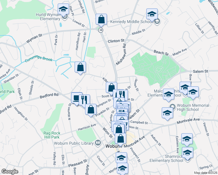 map of restaurants, bars, coffee shops, grocery stores, and more near 1 Kilby Street in Woburn