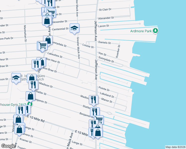 map of restaurants, bars, coffee shops, grocery stores, and more near 22321 Bon Heur Street in St. Clair Shores
