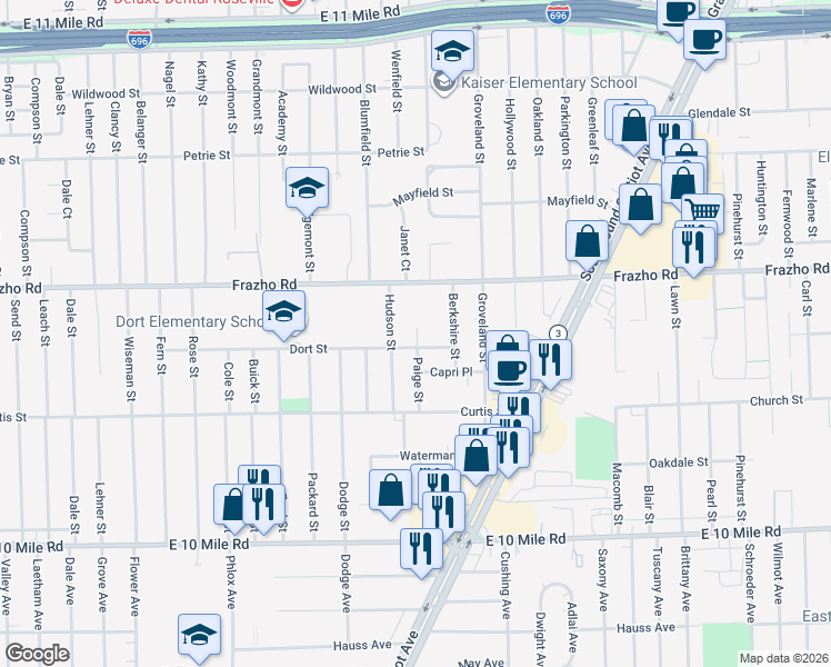 map of restaurants, bars, coffee shops, grocery stores, and more near 25850 Hudson Street in Roseville