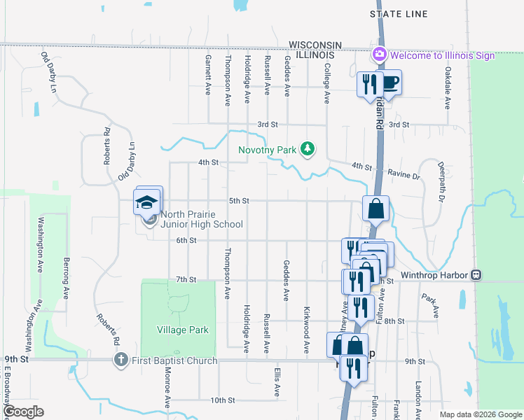 map of restaurants, bars, coffee shops, grocery stores, and more near 2300 Geddes Avenue in Winthrop Harbor