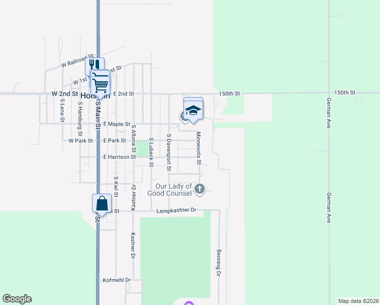 map of restaurants, bars, coffee shops, grocery stores, and more near 415 Minnesota Street in Holstein