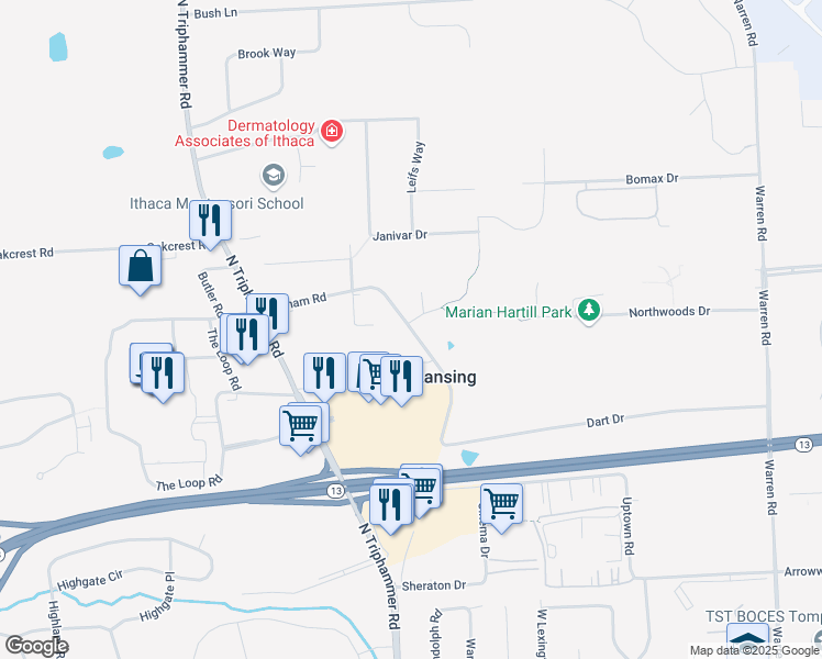 map of restaurants, bars, coffee shops, grocery stores, and more near Graham Road in Ithaca