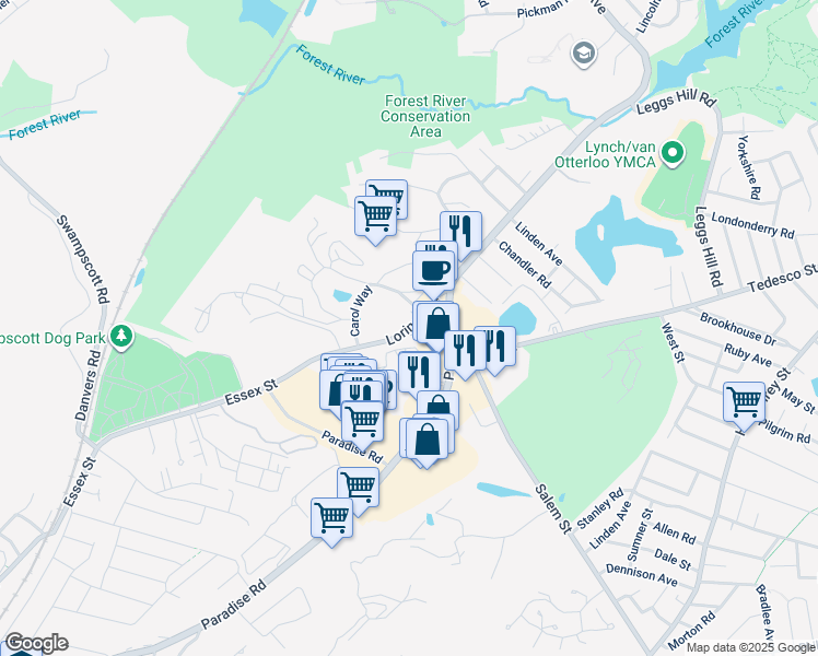 map of restaurants, bars, coffee shops, grocery stores, and more near Loring Avenue & Vinnin Street in Salem