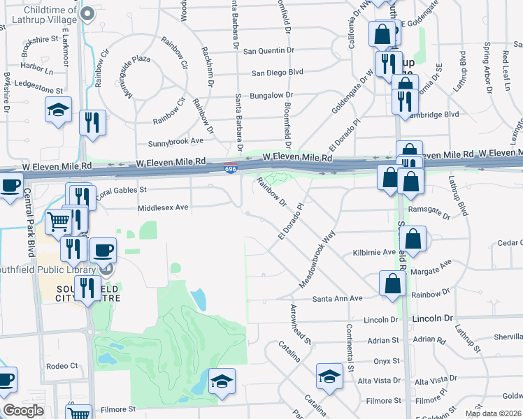 map of restaurants, bars, coffee shops, grocery stores, and more near 18880 Middlesex Avenue in Lathrup Village