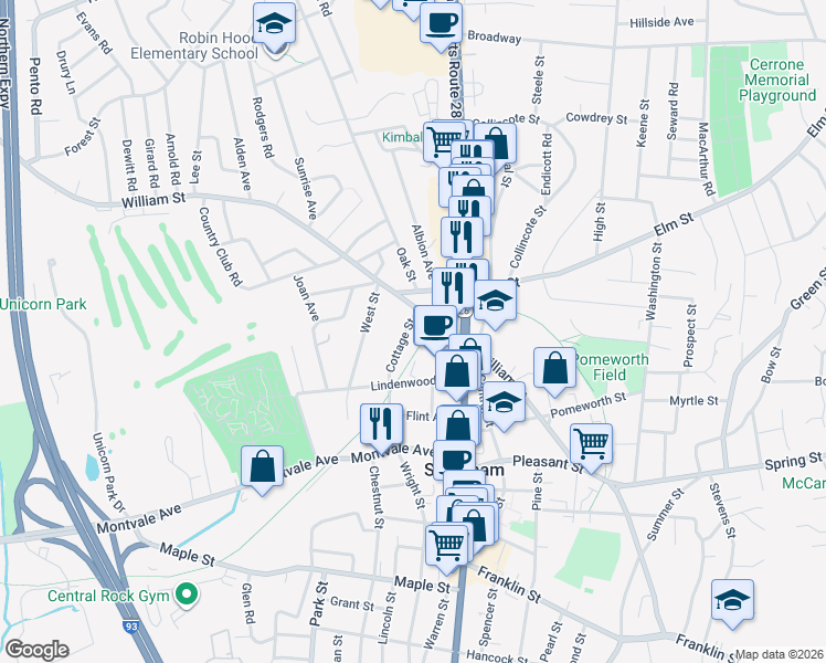 map of restaurants, bars, coffee shops, grocery stores, and more near 174 William Street in Stoneham