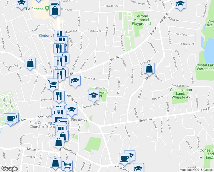map of restaurants, bars, coffee shops, grocery stores, and more near 42 Washington Street in Stoneham