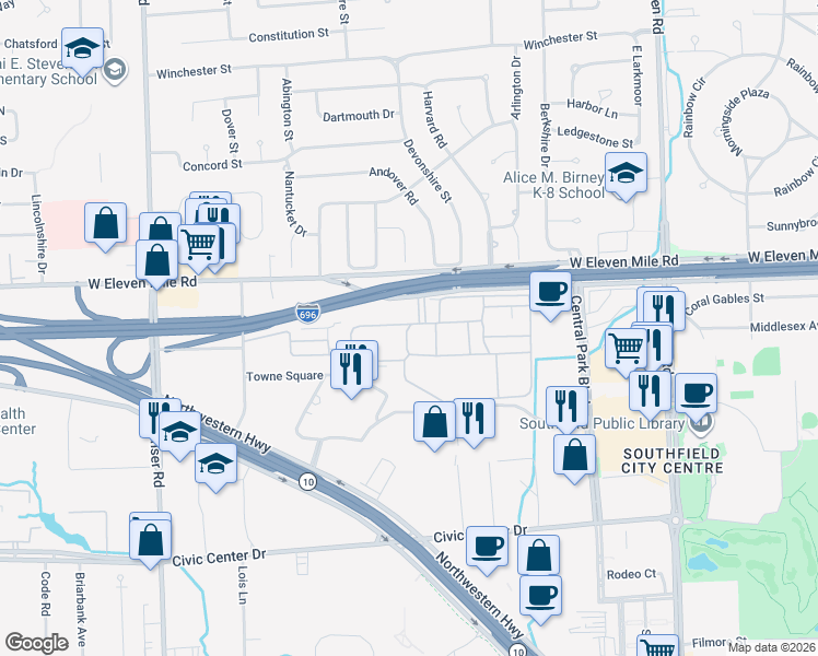 map of restaurants, bars, coffee shops, grocery stores, and more near 20640-20646 Kensington Court in Southfield