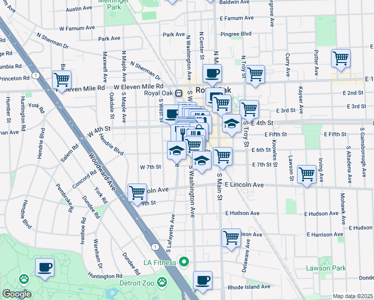 map of restaurants, bars, coffee shops, grocery stores, and more near 310 West 6th Street in Royal Oak