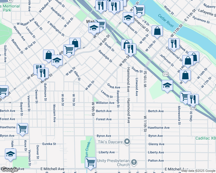 map of restaurants, bars, coffee shops, grocery stores, and more near 1116 Grant Avenue in Waterloo