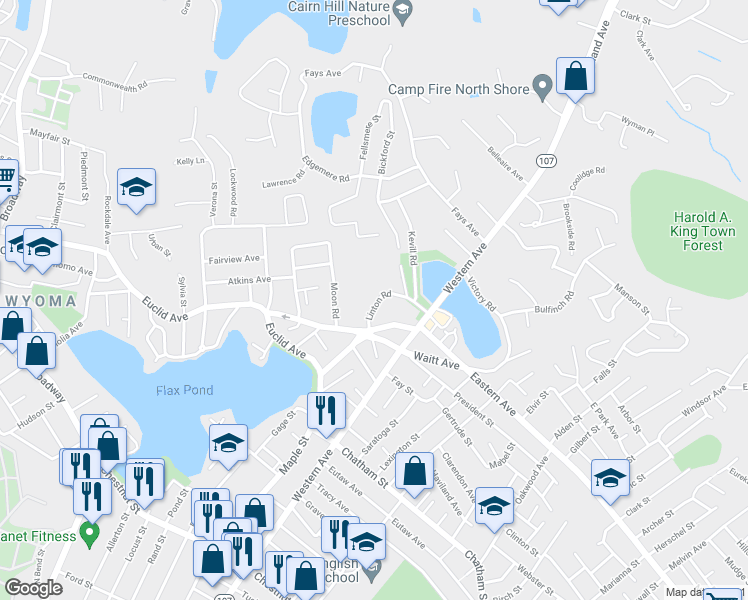 map of restaurants, bars, coffee shops, grocery stores, and more near 28 Linton Road in Lynn