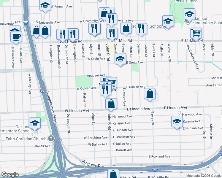map of restaurants, bars, coffee shops, grocery stores, and more near in Madison Heights