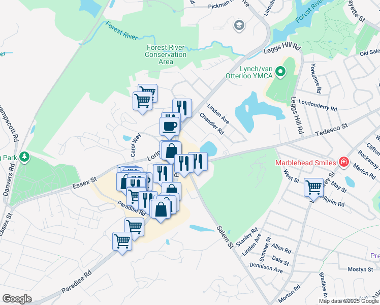 map of restaurants, bars, coffee shops, grocery stores, and more near 20 Maple Avenue in Salem