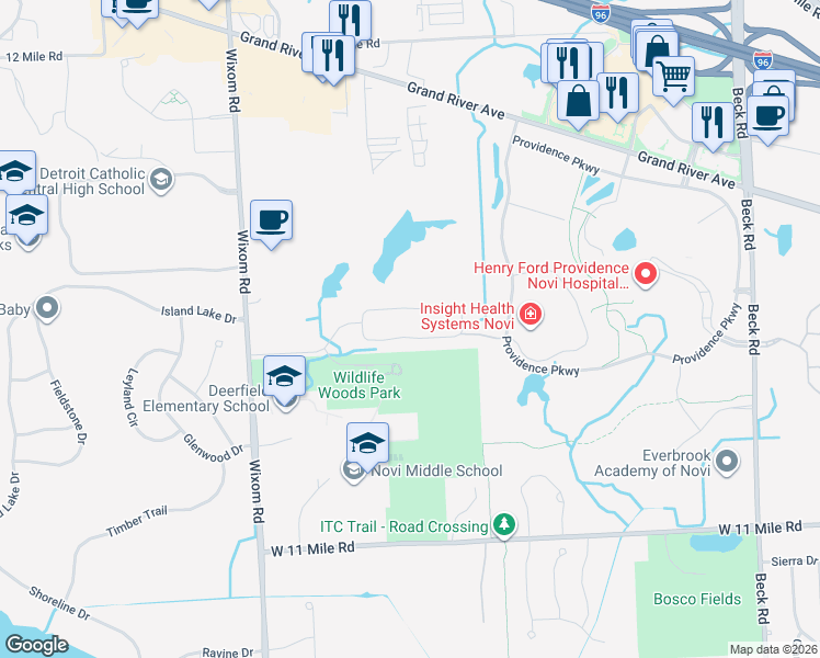 map of restaurants, bars, coffee shops, grocery stores, and more near 48771 Windfall Road in Novi