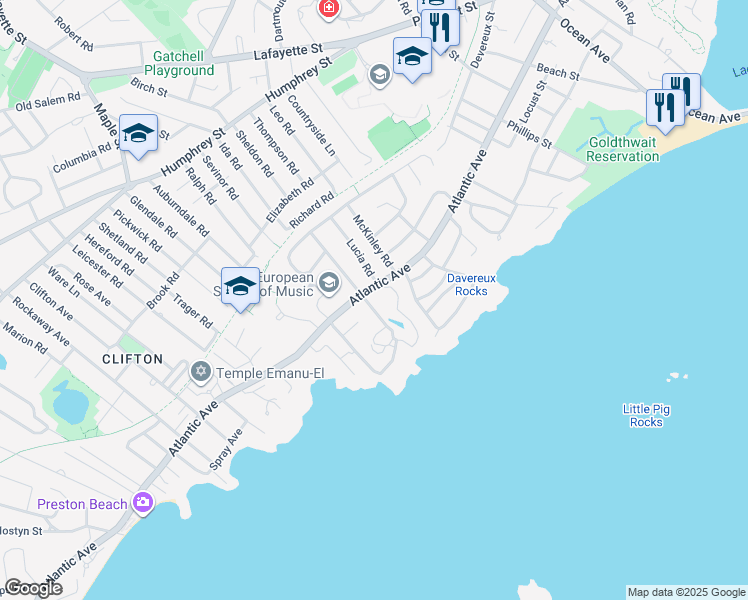 map of restaurants, bars, coffee shops, grocery stores, and more near 3 Ticehurst Lane in Marblehead