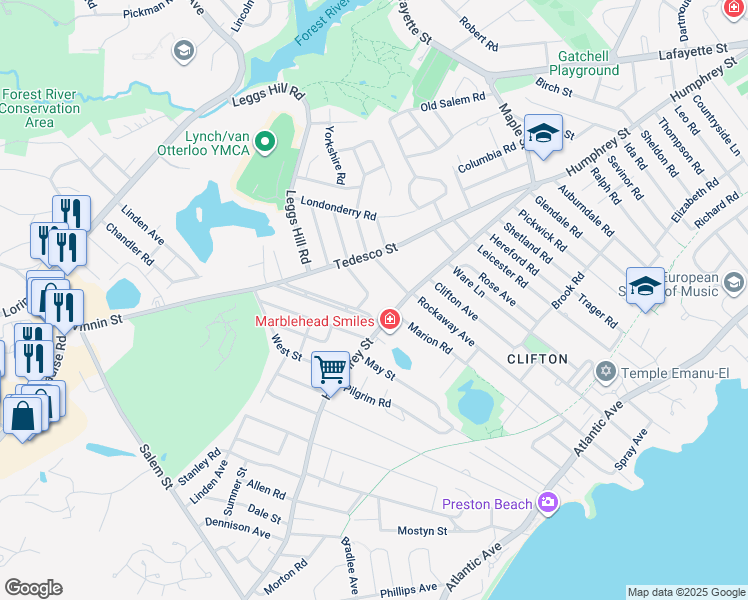 map of restaurants, bars, coffee shops, grocery stores, and more near 7 Elmwood Road in Marblehead