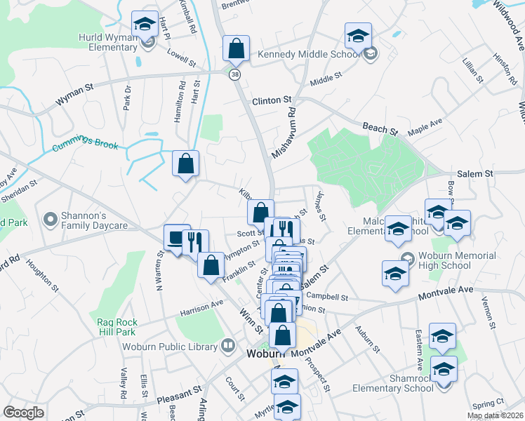 map of restaurants, bars, coffee shops, grocery stores, and more near 1 Kilby Street in Woburn