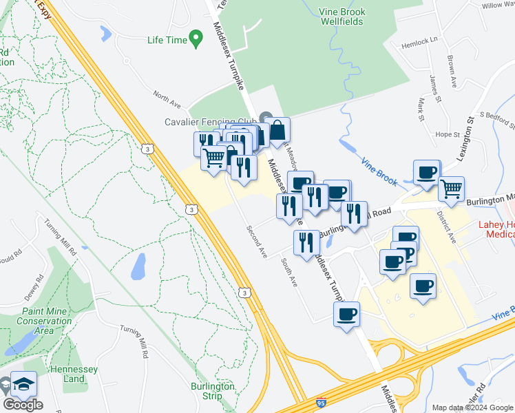 map of restaurants, bars, coffee shops, grocery stores, and more near 32 Second Avenue in Burlington