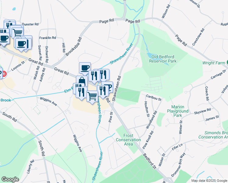 map of restaurants, bars, coffee shops, grocery stores, and more near 24 Shawsheen Road in Bedford