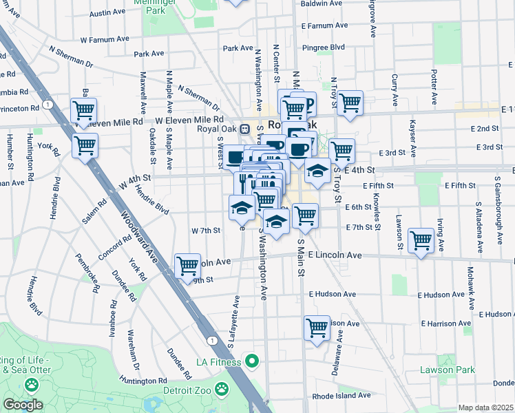 map of restaurants, bars, coffee shops, grocery stores, and more near 511 South Washington Avenue in Royal Oak