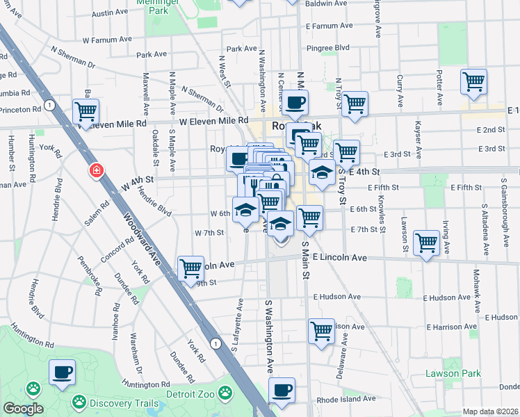 map of restaurants, bars, coffee shops, grocery stores, and more near 511 South Washington Avenue in Royal Oak