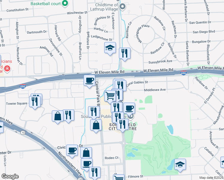 map of restaurants, bars, coffee shops, grocery stores, and more near 26639 Evergreen Meadows Court in Southfield