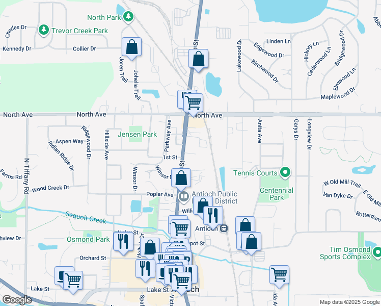 map of restaurants, bars, coffee shops, grocery stores, and more near 285 Pamela Court in Antioch