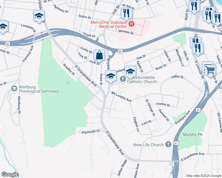 map of restaurants, bars, coffee shops, grocery stores, and more near 295 Bryant Street in Dubuque