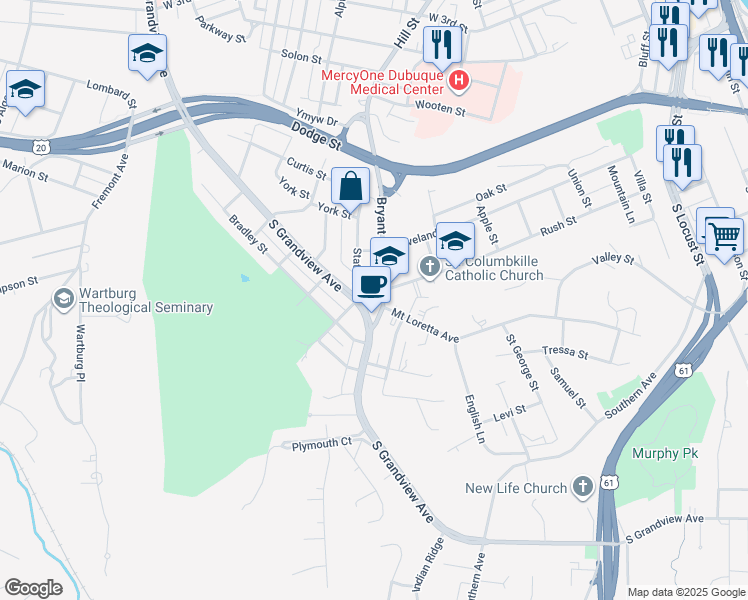 map of restaurants, bars, coffee shops, grocery stores, and more near 295 Bryant Street in Dubuque