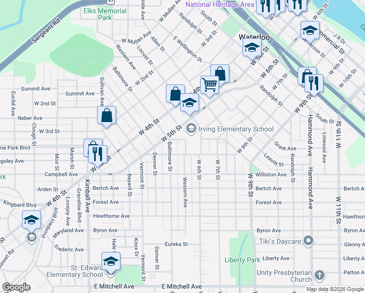 map of restaurants, bars, coffee shops, grocery stores, and more near 700 Western Avenue in Waterloo
