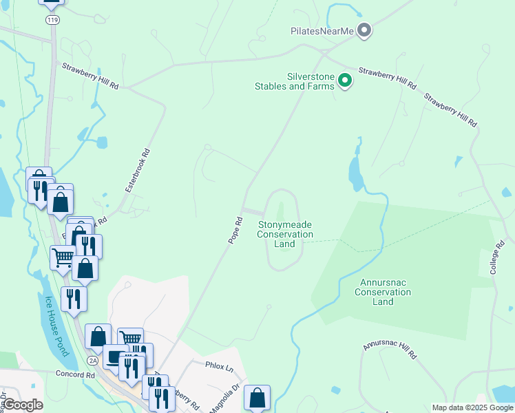 map of restaurants, bars, coffee shops, grocery stores, and more near 59 Stoneymeade Way in Acton